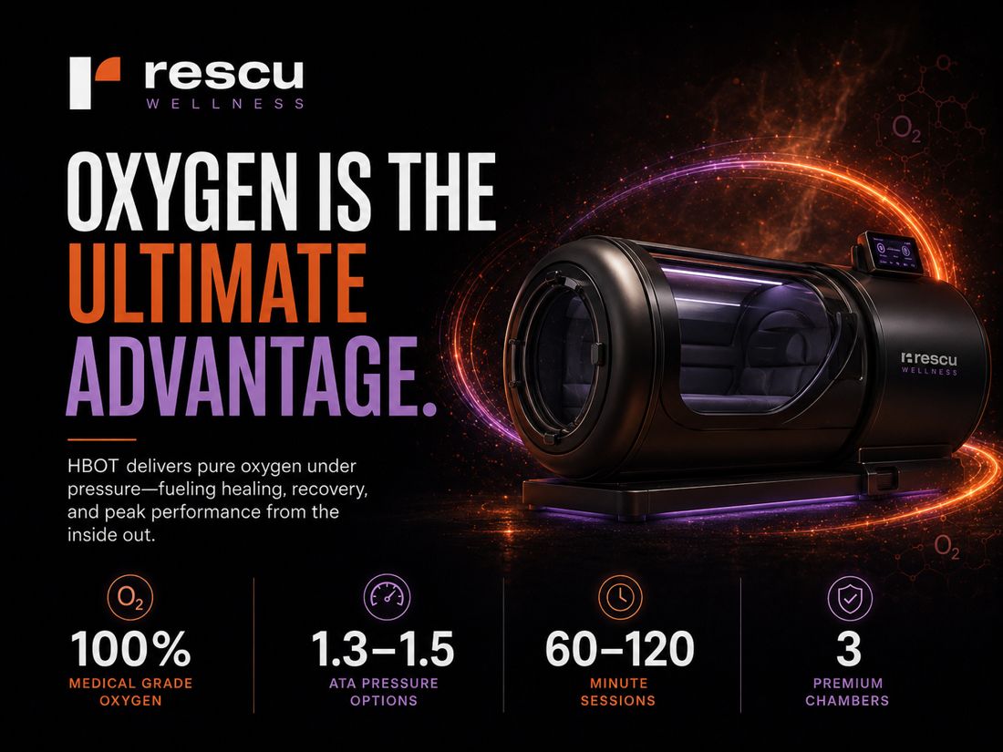HBOT at Rescu — 100% medical-grade oxygen, 1.3–1.5 ATA options, 60–120 minute sessions, three premium chambers